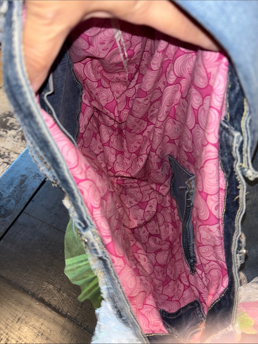 Handcrafted One of a Kind Denim Tote Bag with Pink & Green Ruffle Trim Barbie - Picture 8 of 8